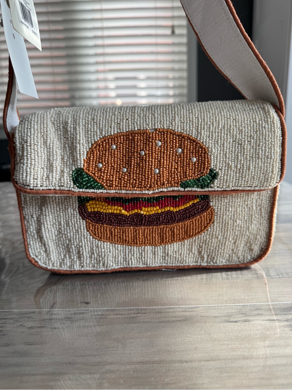 Cream Beaded Burger Shoulder Bag with Leather Trim